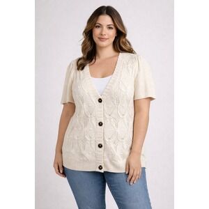 NWT Andrée by Unit V-Neck Cardigan Cream Button Front Short Sleeve Plus 2X